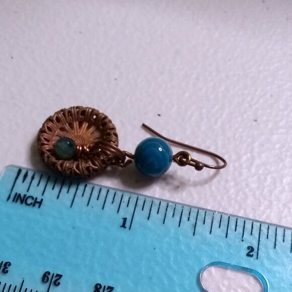 Hand Crafted! Rustic Copper Elements & Intense Blue Agate Beads! Dangle Earrings - Picture 7 of 9